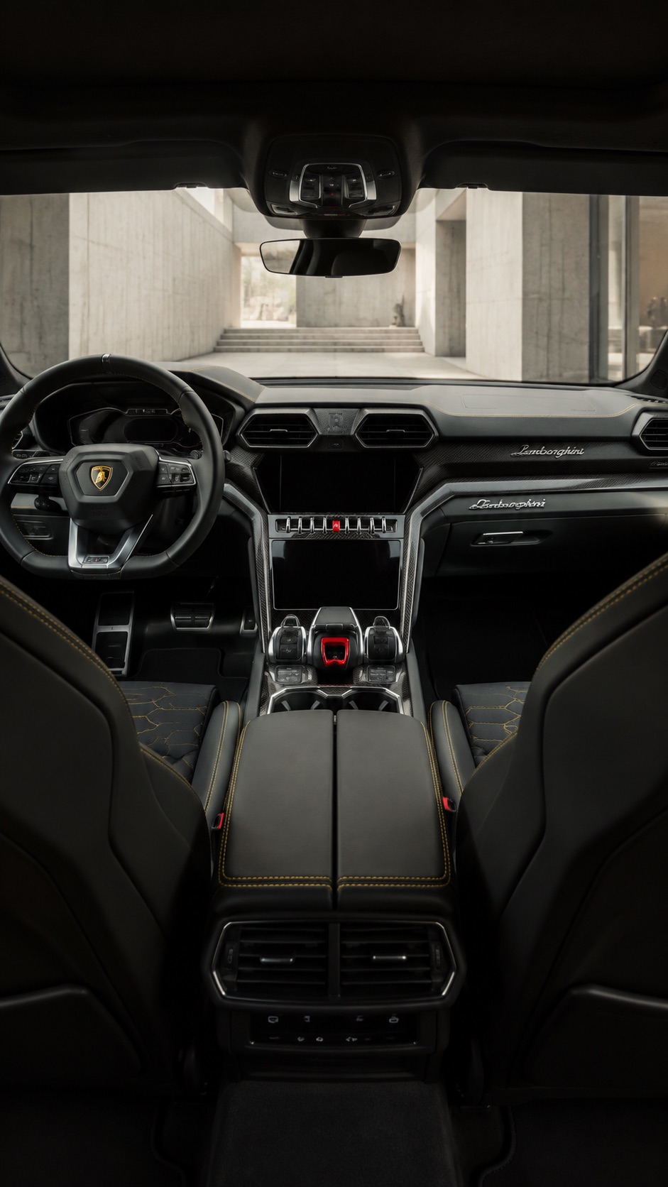 Illustration eines hellbraunen Lamborghini Urus Innenraums